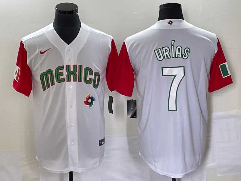 Men%27s Mexico Baseball #7 Julio Urias Number 2023 White Red World Classic Stitched Jersey 39